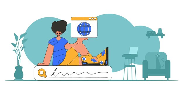 Concepto Encontrar la información necesaria en Internet Un hombre se sienta en una barra de búsqueda y sostiene una ventana de navegador en sus manos Un personaje de estilo retro lineal