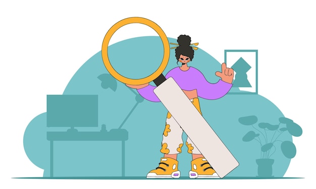 Concepto Encontrar la información necesaria en Internet Un hombre tiene una lupa en las manos Un personaje de estilo retro lineal
