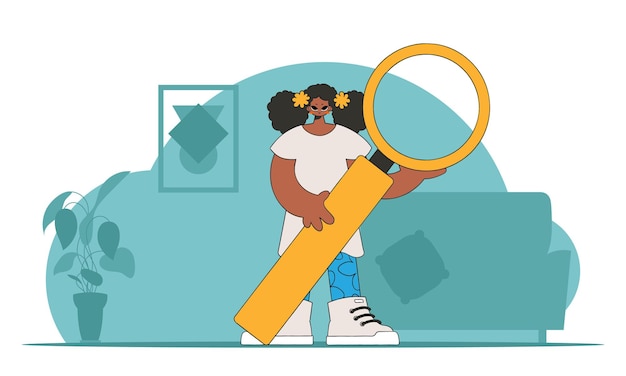 Concepto Encontrar la información necesaria en Internet Un hombre tiene una lupa en las manos Un personaje de estilo retro