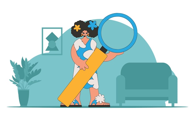 Concepto Encontrar la información necesaria en Internet El tipo está sosteniendo una lupa personaje de estilo retro lineal