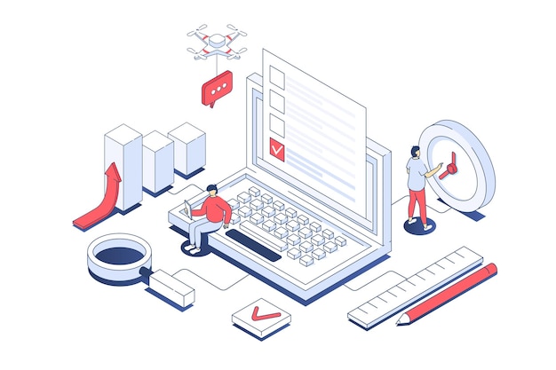 Concepto de encuesta en línea en diseño isométrico 3d Hombres llenando cuestionarios en una computadora portátil dando retroalimentación marcando respuestas en forma de lista de verificación Ilustración vectorial con escena de personas isométricas para gráficos web