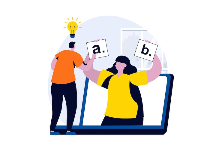 Vector concepto de encuesta en línea con escena de personas en diseño de dibujos animados planos el hombre toma un examen en línea o un cuestionario sociológico y responde eligiendo entre diferentes opciones historia visual de ilustración vectorial para web