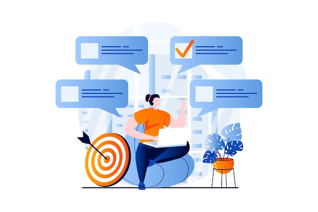 Concepto de encuesta en línea con escena de personas en diseño de dibujos animados planos Mujer respondiendo preguntas de prueba y eligiendo marcas correctas en formulario de cuestionario usando una computadora portátil Historia visual de ilustración vectorial para web