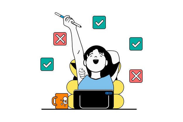 Concepto de encuesta en línea con escena de personas en diseño web plano Mujer respondiendo el examen y eligiendo entre casilla de verificación positiva y negativa Ilustración vectorial para material de marketing de banner en redes sociales