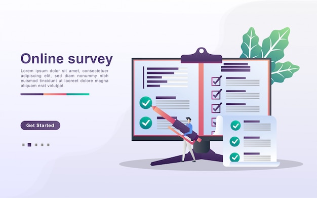 Concepto de encuesta en línea. Las personas responden preguntas de encuestas en línea, Encuestas de investigación, exámenes en línea, formularios de cuestionarios, cuestionarios de Internet. Diseño plano
