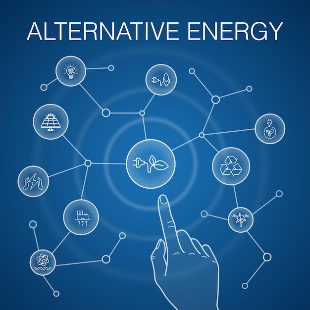 Concepto de energía alternativa, fondo azul. Energía solar, energía eólica, energía geotérmica, iconos de reciclaje