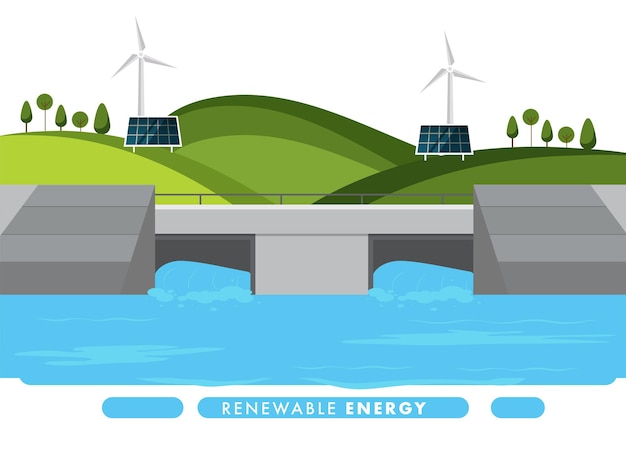 Concepto de energía renovable con panel solar, molino de viento y fondo de puente de paisaje natural.