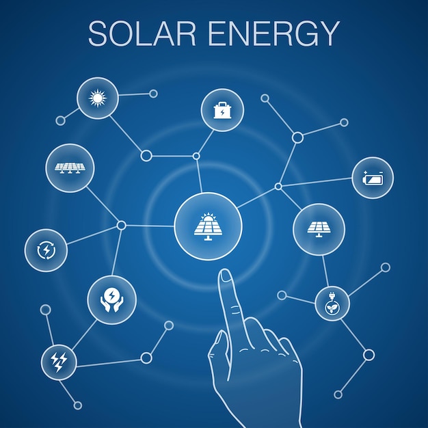 Concepto de energía solar, fondo azul. Sol, batería, energía renovable, iconos de energía limpia