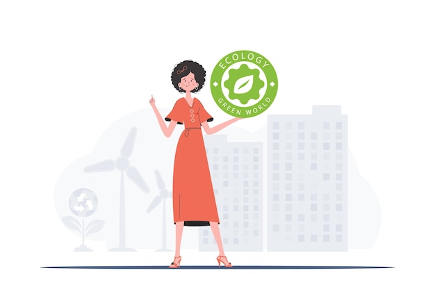 Vector el concepto de energía verde y ecología. la niña sostiene el logo eco en sus manos. estilo moderno y moderno.