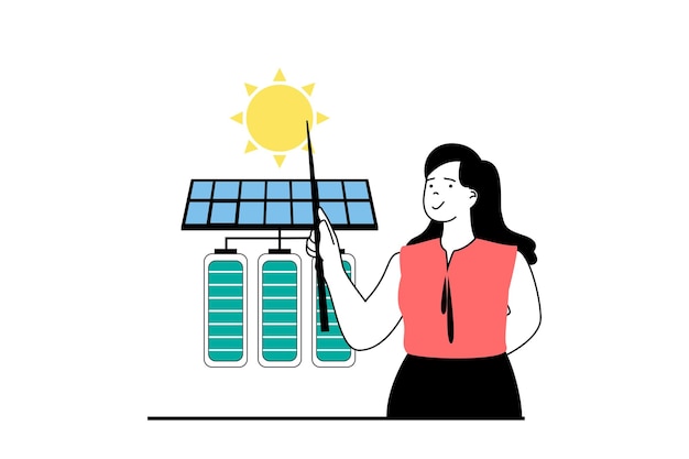 Concepto de energía verde con escena de personas en diseño web plano La mujer utiliza tecnología alternativa para la generación de energía mediante paneles solares Ilustración vectorial para material de marketing de banners en redes sociales