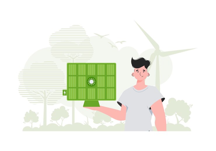 Vector concepto de energía verde un hombre sostiene un panel solar en su mano estilo moderno ilustración vectorial