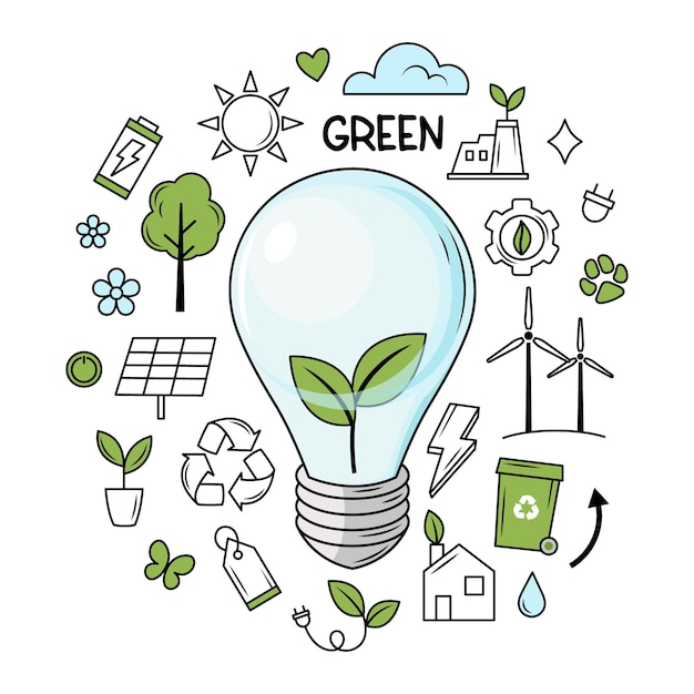 Concepto de energía verde con iconos ecológicos e ilustración vectorial de una bombilla