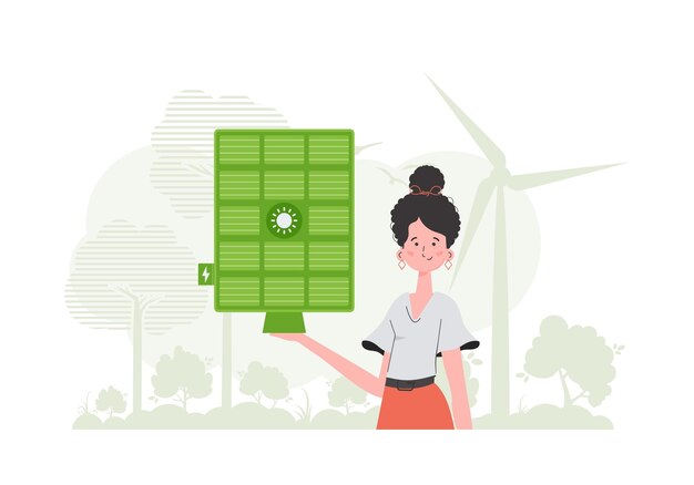 Concepto de energía verde una mujer sostiene un panel solar en su mano estilo moderno ilustración vectorial