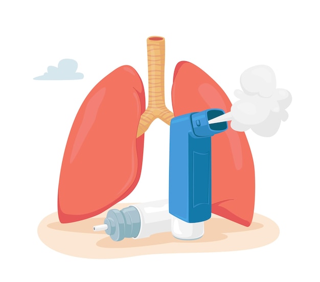 Concepto de enfermedad del asma. Pulmones humanos e inhalador para respirar