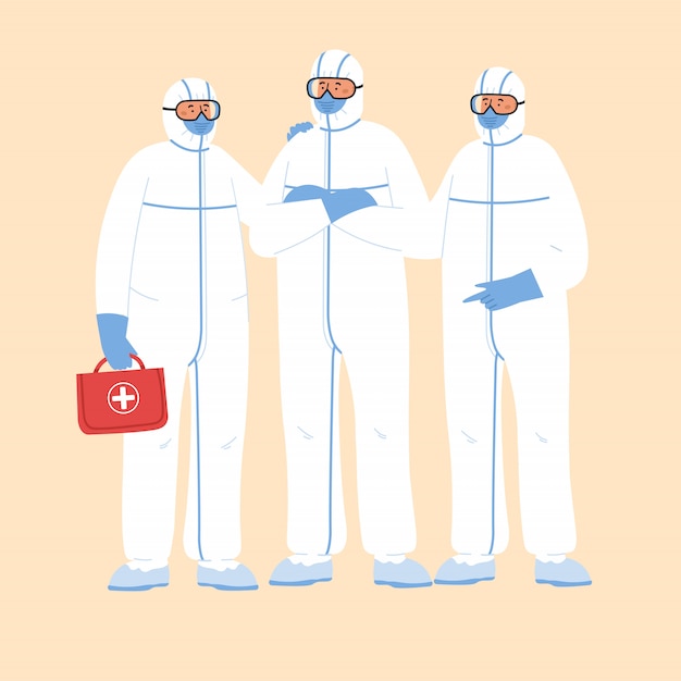 Concepto de enfermedad epidémica. Doctores en traje de protección.