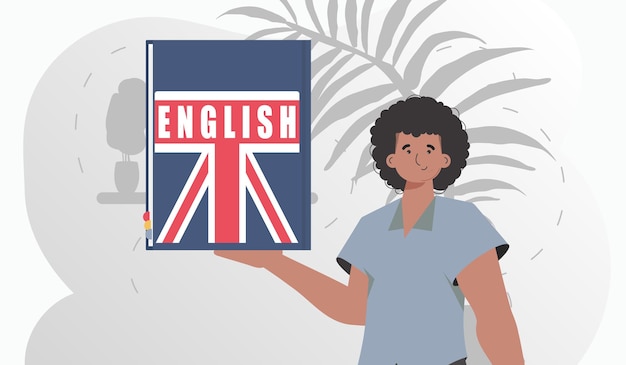 Vector el concepto de la enseñanza de inglés un hombre tiene un diccionario de inglés en sus manos estilo de moda ilustración vectorial