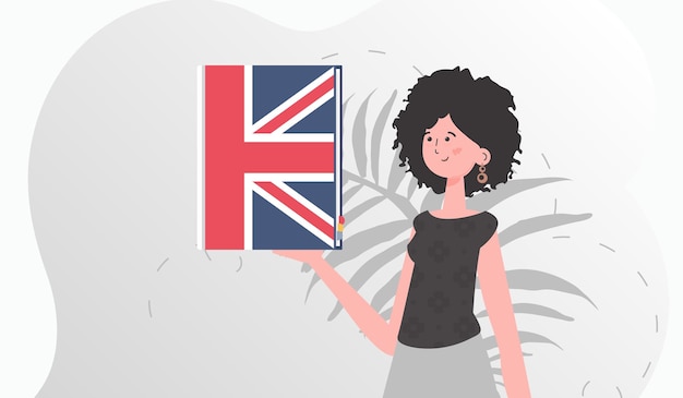 El concepto de la enseñanza de inglés Una mujer sostiene un diccionario de inglés en sus manos estilo de moda Ilustración vectorial