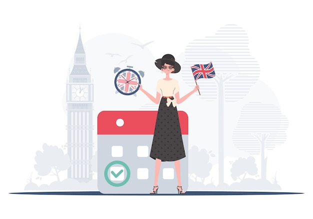El concepto de enseñar inglés la maestra muestra que es hora de aprender inglés Vector de estilo plano de moda