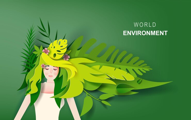 Vector concepto de entorno mundial de la bella dama con el pelo largo, ropa de hoja verde tropical, decoración de la naturaleza. retrato de una joven linda con el pelo largo relajante. corte de papel creativo y estilo artesanal.
