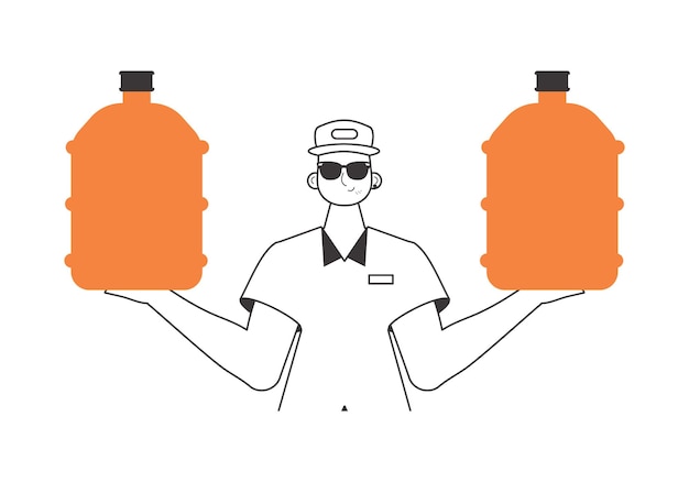 Concepto de entrega de agua Un hombre con una gran botella de agua en las manos Estilo lineal de moda