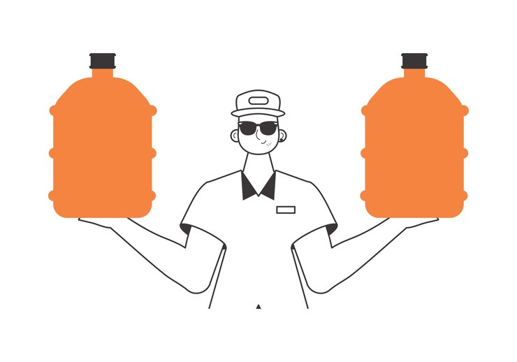 Vector concepto de entrega de agua un hombre con una gran botella de agua en las manos estilo lineal de moda