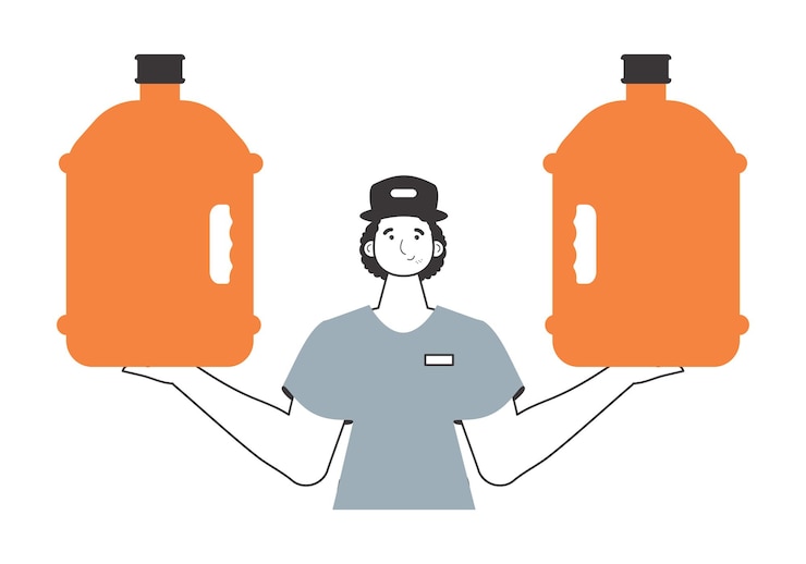 Vector concepto de entrega de agua un hombre sostiene una botella de agua en sus manos estilo lineal de moda