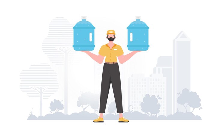 Vector concepto de entrega de agua el hombre sostiene una gran botella de agua personaje de dibujos animados representado en pleno crecimiento ilustración vectorial
