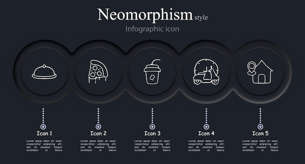 Concepto de entrega de alimentos Comidas rápidas, convenientes y deliciosas entregadas en su puerta Amplia variedad de cocinas ingredientes frescos servicio rápido Estilo neomorfismo Icono de línea vectorial