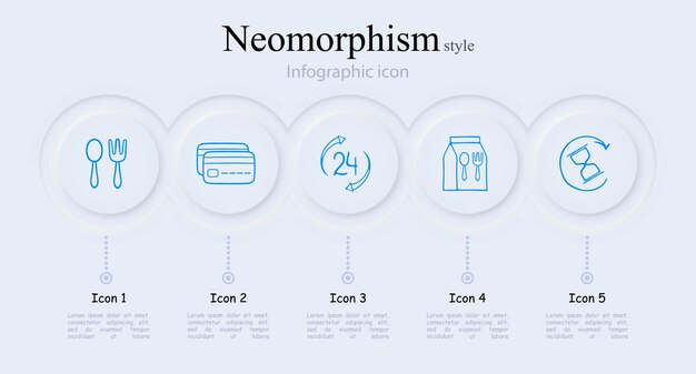 Concepto de entrega de alimentos Comidas rápidas, convenientes y deliciosas entregadas en su puerta Amplia variedad de cocinas ingredientes frescos servicio rápido Estilo neomorfismo Icono de línea vectorial