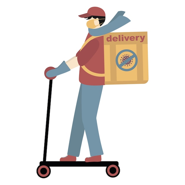 Concepto de entrega de alimentos sin contacto Coronavirus covid19 El mensajero del repartidor en un scooter con una máscara médica lleva una entrega