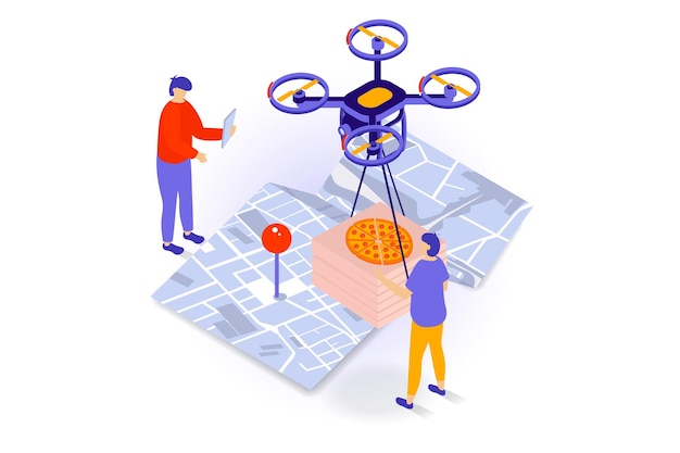 Concepto de entrega de alimentos en diseño isométrico 3D Gente ordenando pizza en un restaurante de pizzería con envío de drones voladores y seguimiento de mapas en línea Ilustración vectorial con escena de isometría para gráficos web