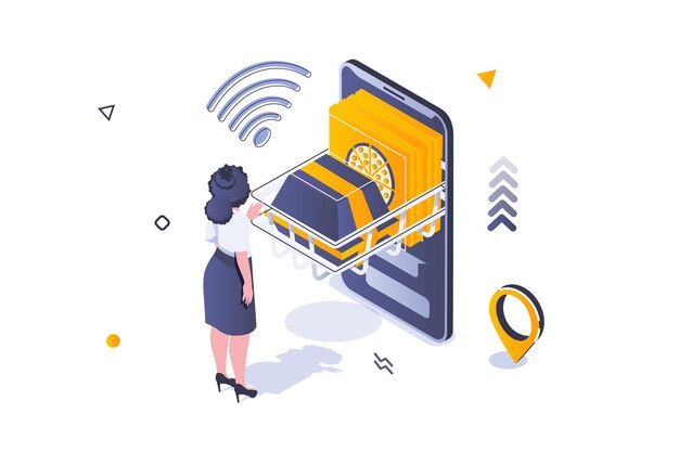 Concepto de entrega de alimentos en diseño isométrico 3d Mujer ordenando caja de comida y pizza del restaurante y usando pago en línea en aplicación móvil Ilustración vectorial con escena de personas isométricas para gráfico web