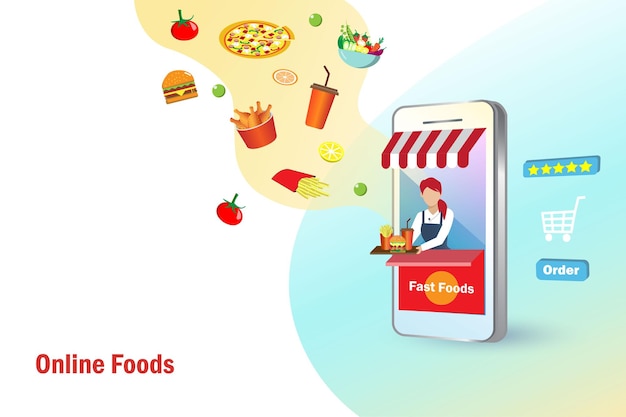 Concepto de entrega de alimentos en línea mujer vende comida rápida en teléfono inteligente móvil servicio de pedidos de alimentos