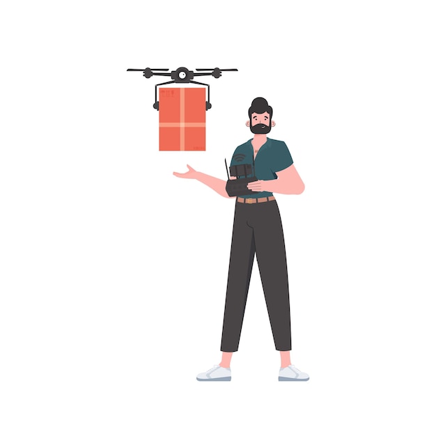 El concepto de entrega de carga por aire Un hombre controla un dron con un paquete aislado sobre fondo blanco Diseño plano moderno Vector