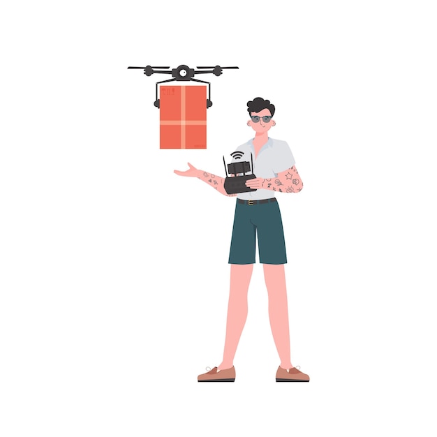 El concepto de entrega de carga por aire Un hombre controla un dron con un paquete aislado sobre fondo blanco estilo moderno Vector