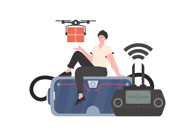 El concepto de entrega de carga por aire Un hombre controla un quadcopter con un paquete Ilustración vectorial aislada