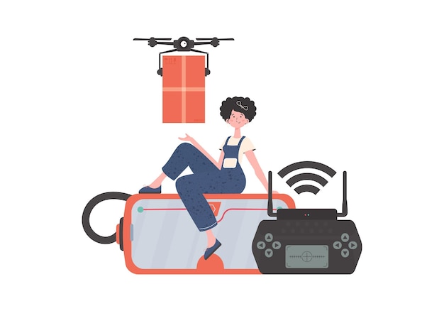 El concepto de entrega de carga por aire. Una mujer controla un cuadricóptero con un paquete. Vector de diseño moderno plano aislado.