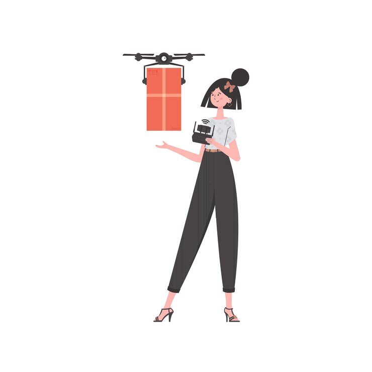 Vector el concepto de entrega de carga por aire una mujer controla un dron con un paquete aislado sobre fondo blanco estilo moderno ilustración vectorial