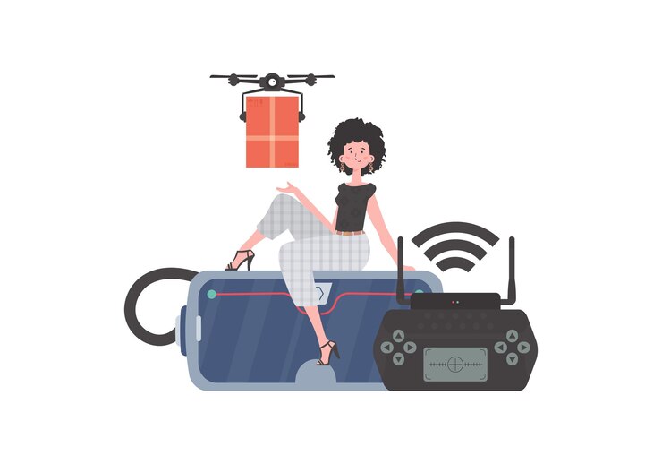 Vector el concepto de entrega de carga por aire una mujer controla un quadcopter con un paquete aislado sobre fondo blanco ilustración vectorial