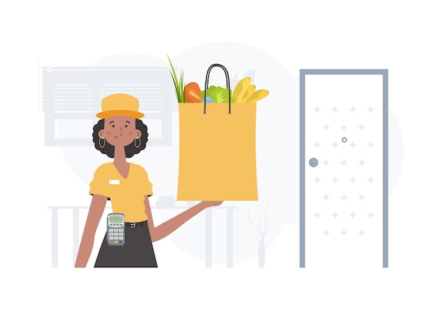 Vector concepto de entrega a domicilio una mujer sostiene una bolsa de supermercado estilo moderno vector