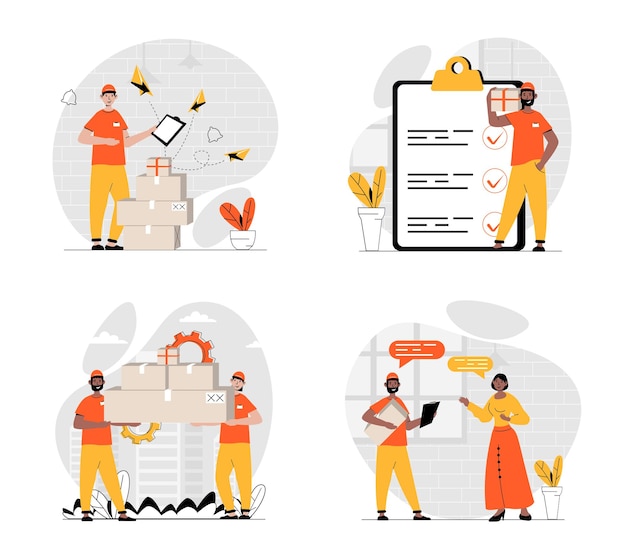 Concepto de entrega con juego de caracteres Colección de escenas que las personas trabajan como repartidores y mensajeros gerentes de logística cargadores que llevan cajas para el hogar del cliente Ilustraciones vectoriales en diseño web plano