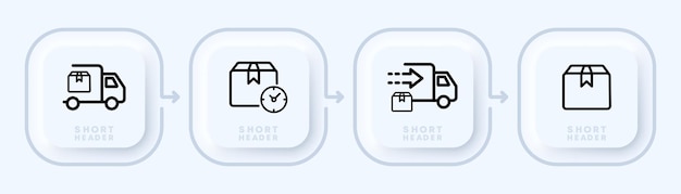 Concepto de entrega Logística coche camión mensajero cliente compra embalaje caja flecha reloj tiempo rápido Venta concepto Neomorfismo estilo Vector línea icono para Negocios y Publicidad