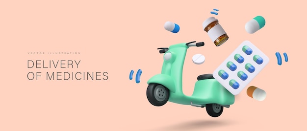 Concepto de entrega de medicamentos Entrega de scooters realistas en 3D diferentes medicamentos a los clientes