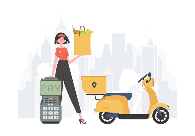 Concepto de entrega Una mujer entrega un paquete de productos Estilo de dibujos animados Vector