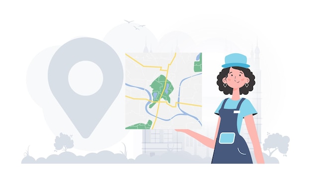 Concepto de entrega La niña sostiene un mapa El personaje elegante se representa hasta la cintura Vector