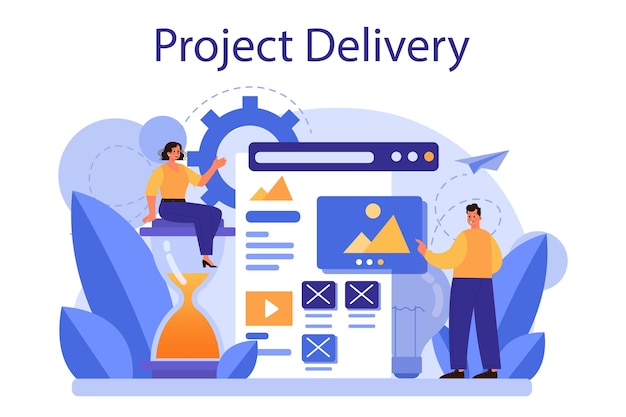 Concepto de entrega de proyectos empresariales Desarrollo y presentación de proyectos Idea de gestión de promoción de planificación de proyectos y marketing Ilustración de vector plano