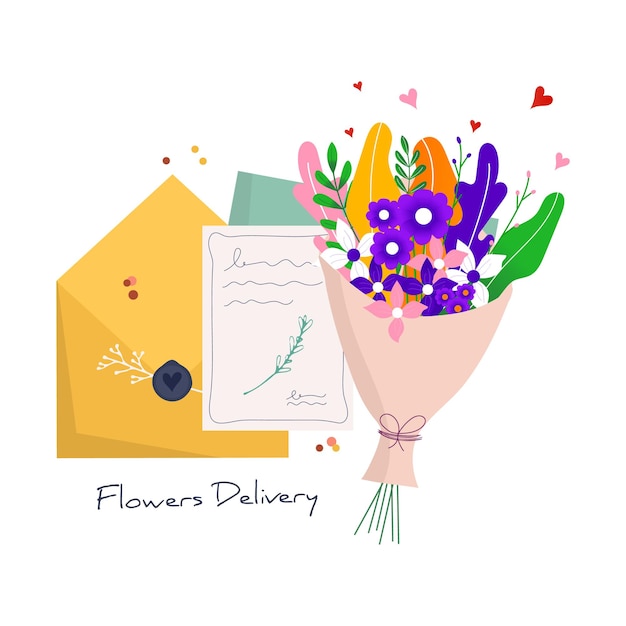 Concepto de entrega rápida de flores con sobre de papel artesanal. servicio de entrega online con ramo
