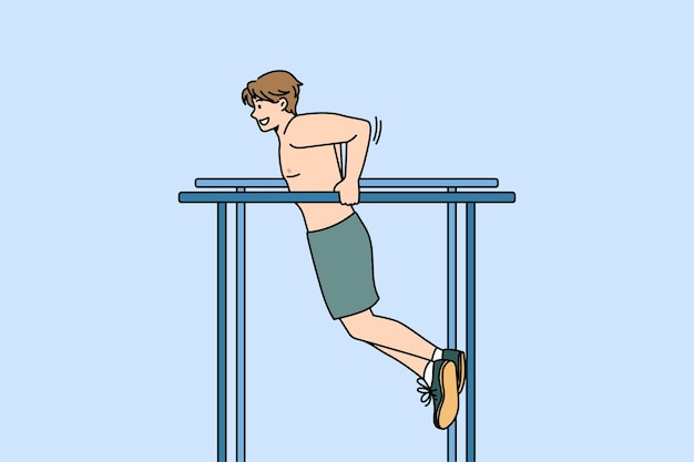 Concepto de entrenamiento y entrenamiento de deporte al aire libre. Atleta joven positivo haciendo ejercicio tirando hacia arriba en la barra horizontal al aire libre ilustración vectorial