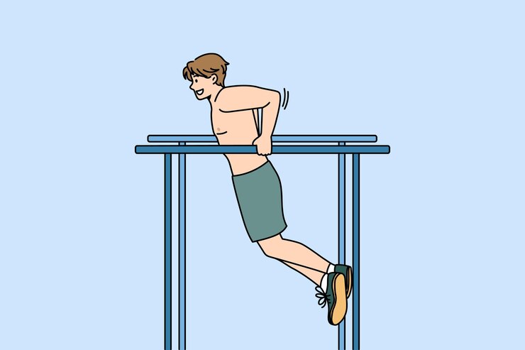 Vector concepto de entrenamiento y entrenamiento de deporte al aire libre. atleta joven positivo haciendo ejercicio tirando hacia arriba en la barra horizontal al aire libre ilustración vectorial