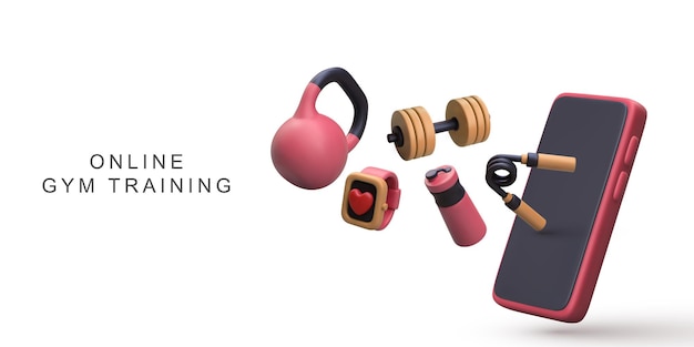 Concepto de entrenamiento de gimnasio en línea realista en 3D en fondo blanco Ilustración vectorial